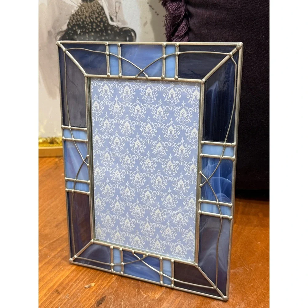 Blue Stained Glass Photo Frame Geometric Slag Glass 4x6 Tabletop Decor Silver
